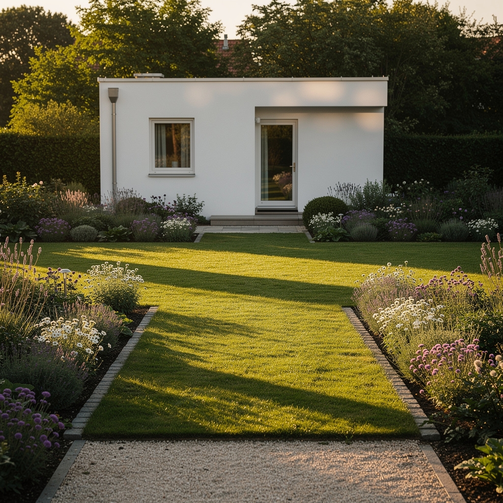 Gepflegter Garten mit Beeten und Rasenfläche in Dresden