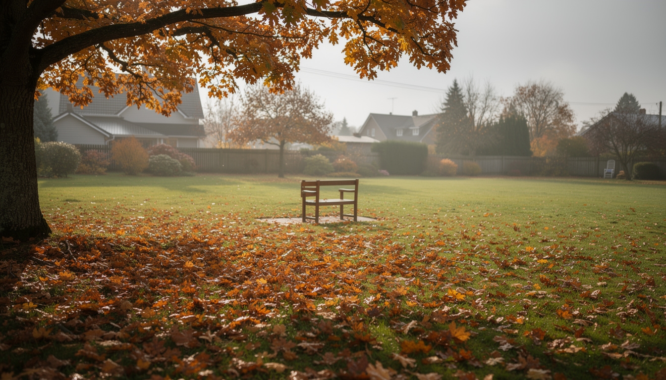 Herbstlicher Garten mit Laub auf dem Rasen, bereit für die Herbstpflege